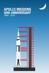 Apollo mission ready for launch. Saturn v rocket at the launch pad. Apollo missions 50th anniversary. 1969-2019.