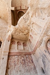 Goreme church remains with historic vandalism in Cappadocia Turkey