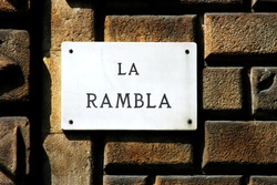 La Rambla- street sign depicting one of the first landmark in Barcelona (Spain).