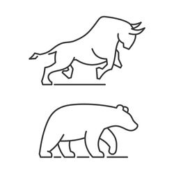 Bear and Bull Icons Set on White Background. Vector