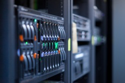 Network servers in a data center. Shallow depth of Field