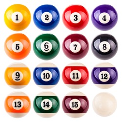 a collection of all the pool or snooker balls with the cue ball isolated over a white background