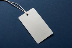 Blank tag tied with string. Price tag, gift tag, sale tag, address label isolated on blue background