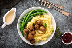 Swedish meatballs with mashed potatoes, gravy and lingonberry jam