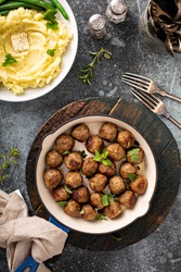 Swedish meatballs cooked in a cast iron pan