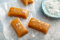 Homemade salted caramel candy topped with sea salt