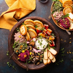 Vegetarian appetizers platter Georgian cuisine, bread, dips and cheese