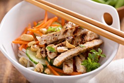 Asian cuisine chicken salad with rice noodles, carrot and peanuts