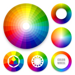 Set of color wheels. Color harmony. Color theory. Multicolored spectral circles.