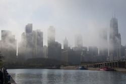 Chicago skyline in daytime fog, from Navy Pier