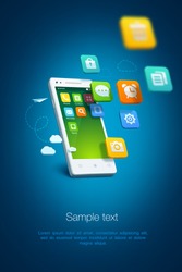 White smartphone with cloud of application icons on blue background