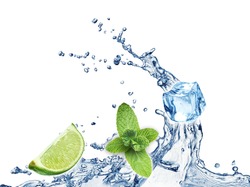 Ice cubes, mint leaves, lime and water splash on a white background. Mojito.