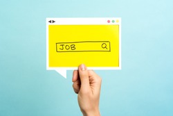People searching for a new job. Job search concept on blue background.