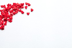 Valentine day background with red hearts, top view