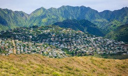 Kaimuki town area at base of Koolau Mountain Range, south-east Oahu, Hawaii
