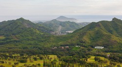 Pali Golf Course out towards Mokapu Point, view from Pali Lookout, Oahu, Hawaii