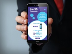 new technologies business concept: businessman hand holding a 3d generated touch phone with online mobile comparator on the screen. Screen graphics are made up.