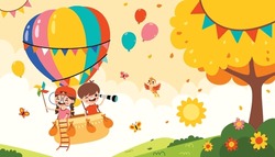 Cartoon Kids Riding A Hot Air Balloon