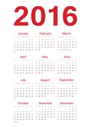 Simple european 2016 year vector calendar. Week starts from Sunday.