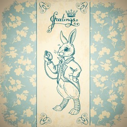 Vintage background with Easter rabbit. Hand drawn illustration. Rabbit in the English suit on a background of floral ornament. Bunny in clothes. 