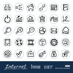 Doodle Internet and finance icons set. Hand drawn sketch illustration isolated on white background