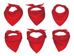 Red neck scarves, bandanas, neckerchiefs and handkerchiefs isolated vector set. 3d realistic silk accessories, kerchieves of cowboy, western bandit, pirate or biker with different knots and drapery