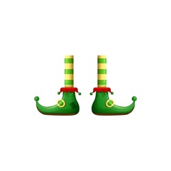 Green shoes and striped stockings, elf legs foot elements. Vector cute funny feet in striped stocking and nosy shoes, cartoon limbs. Carnival costume clothing, party footwear, gnome or clown legs