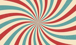 Circus or carnival rays background layout with vector grunge texture. Retro spiral pattern with red, white and blue radial stripes of vintage circus, carnival, fair or chapiteau big top tent