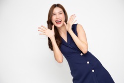 Young beautiful Asian woman surprise and delight isolated over white background, Thrilled excited concept