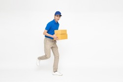 Happy Asian deliveryman smiling and holding package parcel box isolated on white background, Delivery courier and shipping service concept, Full Length people composition