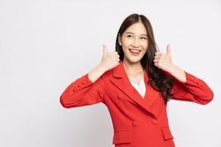 Young Asian business woman showing thumbs up isolated on white background