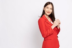 Portrait of Young beautiful Asian businesswoman in red suit smiling isolated on white background