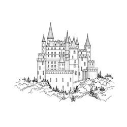 Castle landmark sketch illustration. Medieval palace building on the hill. Engraved landscape