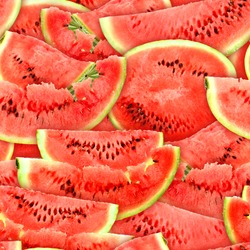 Abstract background with slices of fresh ripe red watermelons. Seamless pattern for your design. Close-up. Studio photography.