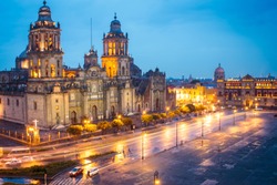 Metropolitan Cathedral and President's Palace in Zocalo, Center of Mexico City Mexico Sunrise night.