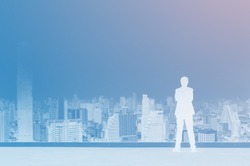 Vision concept. Abstract silhouette successful businessman standing with hands crossed on chest, On top of building and looking looking at city. Effect color strange.