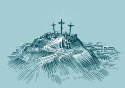 Jesus on cross. Mount Golgotha. Art sketch vector illustration