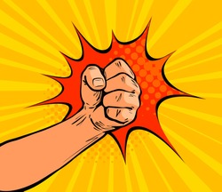 Fist punching, crushing blow or strong punch drawn in pop art retro comic style. Cartoon vector illustration