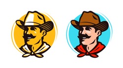 American cowboy, sheriff logo or label. Farmer, grower, farm icon. Cartoon vector illustration