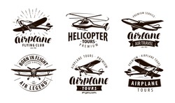 Aircraft, airplane, helicopter logo or icon. Transport label set. Vector illustration