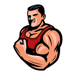 Strength and showing power. Muscular bodybuilder showing strong sport biceps. Gym, bodybuilding emblem or logo vector