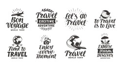 Travel, adventure set icons. Handwritten lettering. Label vector illustration