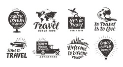 Travel set icons. Handwritten lettering. Label vector illustration