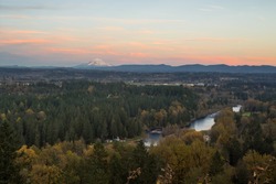 Clackamas river and Mt. Hood at fall sunset, Oregon
