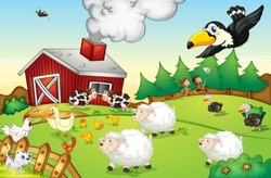 Illustration of a busy farm scene