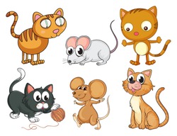 Illustration of cats and mice on a white background