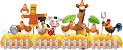 Group of domestic animals in a farm isolated illustration
