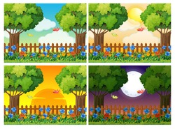 Four scenes of garden at different times illustration
