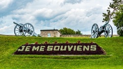 Je Me Souviens (I Remember) Sign and Cannons at The Citadel in Quebec City in Quebec, Canada