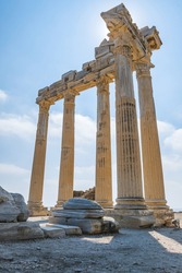 Temple of Apollo ancient ruins in Side Turkey. Ancient colums at sunny day.